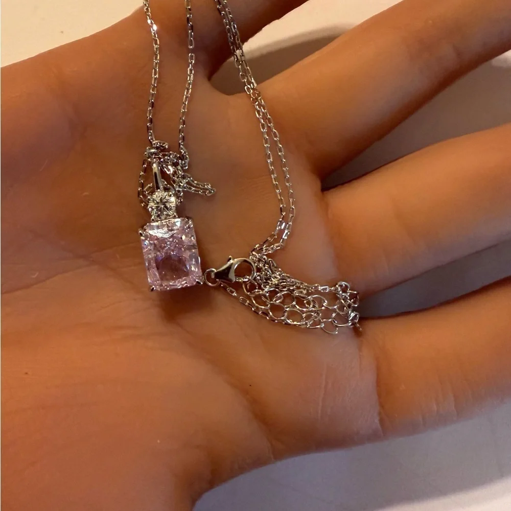 NWOT 925 Sterling Silver Pin Crushed Ice CZ Necklace & Pink Dangling Earrings